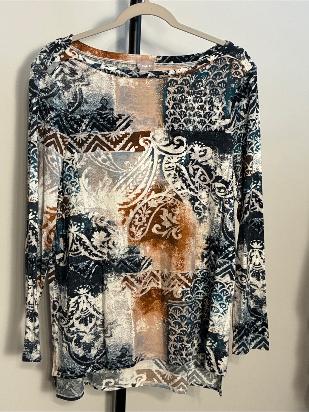 Chico's Paisley Floral Patchwork Boho Print Top Cream Blue Black Brown 1 /Medium